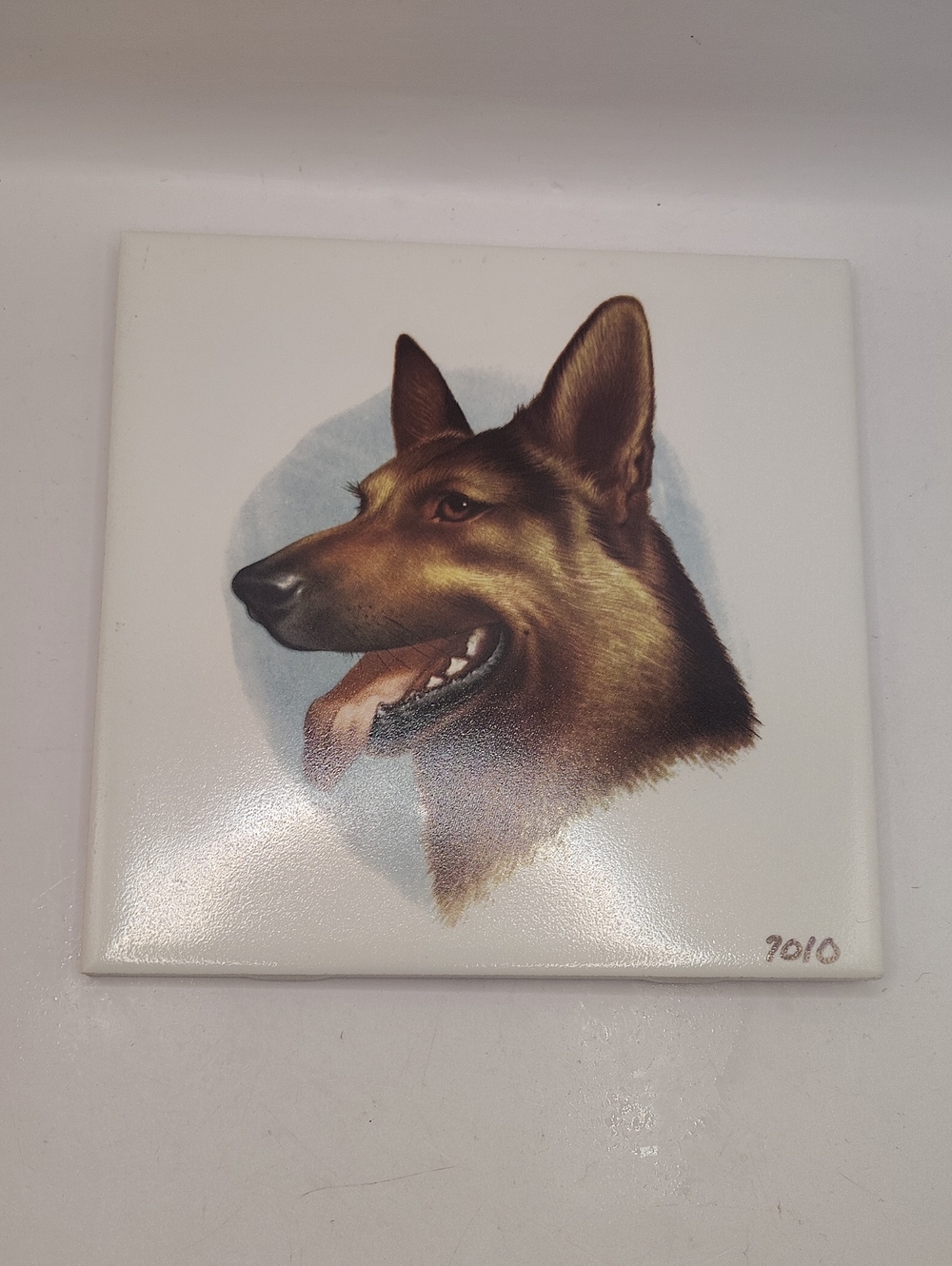 Vintage Brown German Shepherd Hand Painted Tile, Trivet, 6"